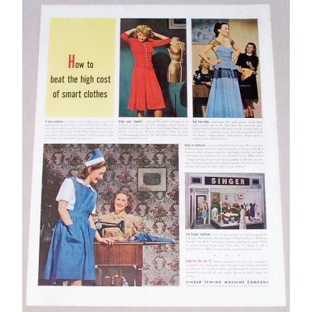 1942 Singer Sewing Machine Co. Color Print Ad - Beat The High Cost