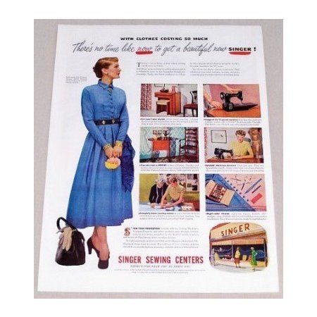 1949 Singer Sewing Centers Woman Blue Dress Color Print Ad