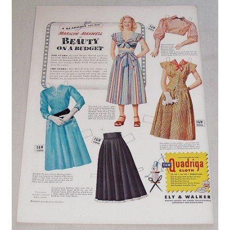 1948 Quadriga Cloth Paper Doll Color Print Ad Marilyn Maxwell