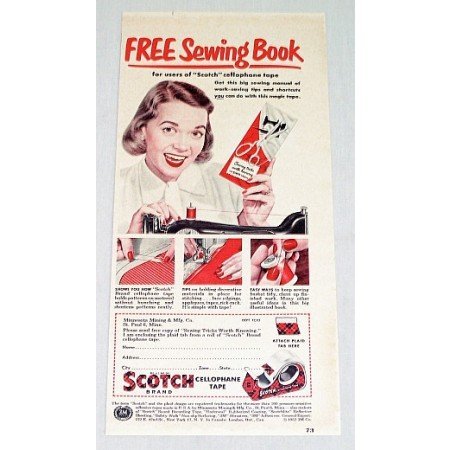 1952 Scotch Tape Free Sewing Book Offer Color Print Ad