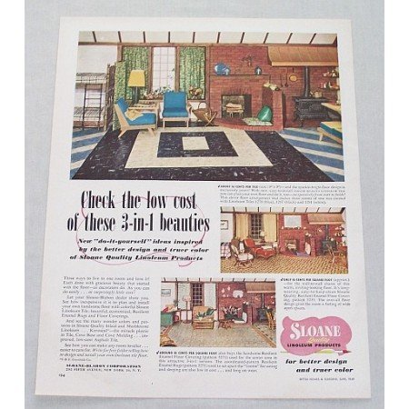 1949 Sloane Linoleum Products Color Print Ad - 3-In-1 Beauties