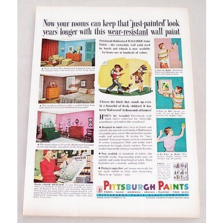 1956 Pittsburgh Rubberized Wallhide Satin Paints Color Print Ad