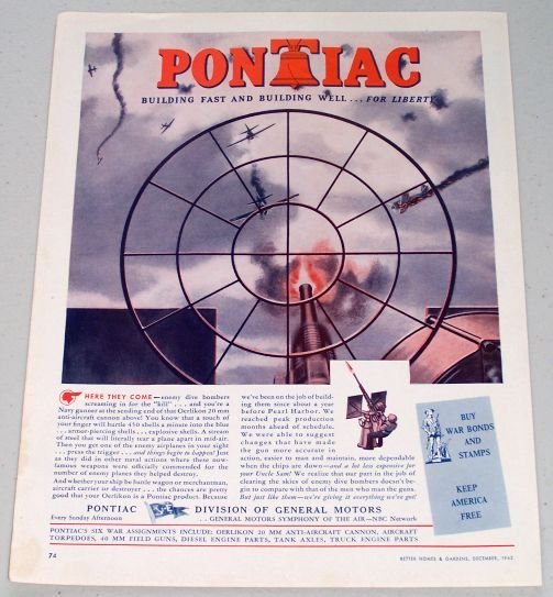 1943 Pontiac Wartime WWII Vintage Color Print Ad - Enemy Dive Bombers