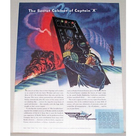 1944 Bendix Aviation Wartime Color Print Ad SECRET CABINET OF CAPT. X