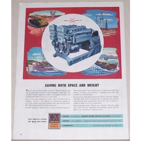 1945 GM Diesel Power Series 71 Twin Unit Wartime Color Print Ad