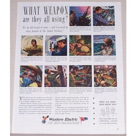 1945 Western Electric Color Wartime Color Print Art Ad - WHAT WEAPON?