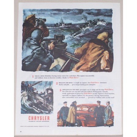 1945 Chrysler Color Wartime Art Color Print Ad OCEAN MINE SWEEPERS