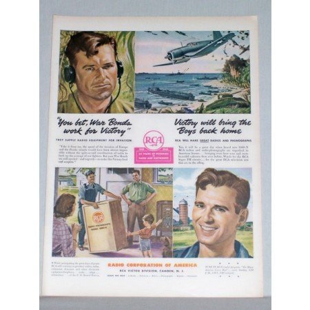 1944 RCA Radio Corp. Color Wartime Color Print Ad - War Bonds Work