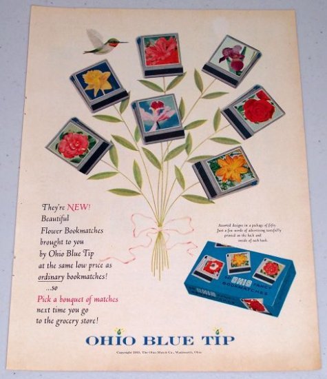 1955 Ohio Blue Tip Flower Bookmatches Color Print Ad