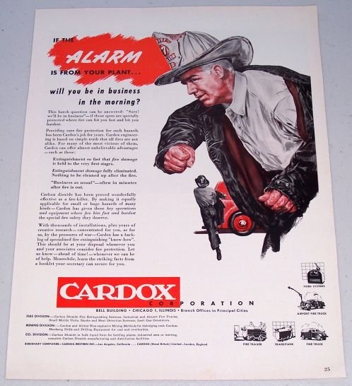 1949 Cardox Corporation Firefighter Art Color Print Ad