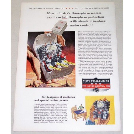 1954 Cutler Hammer Motor Control Color Print Art Ad Three Phase