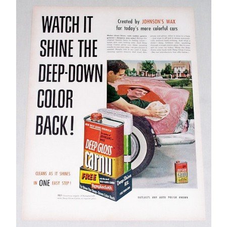 1955 Johnson's Car Wax Deep Gloss Carnu Color Print Ad
