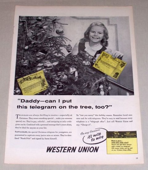 1954 Western Union Telegram Christmas Vintage Print Ad