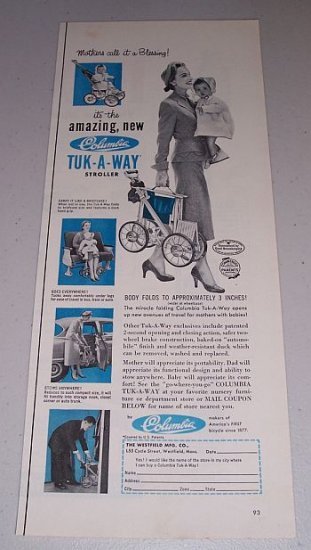 1954 Columbia Tuk-A-Way Baby Stroller Vintage Print Ad