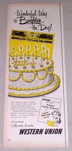1953 Western Union Telegrams Birthday Cake Color Print Ad