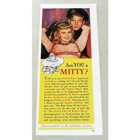 1947 Color Print Movie Ad Secret Life Of Walter Mitty Celebrity Kaye Mayo