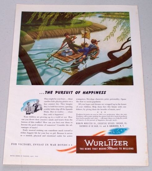1943 Rudolph Wurlitzer Kids Playing Pirates Art Vintage Color Print Ad - The Pursuit Of Happiness
