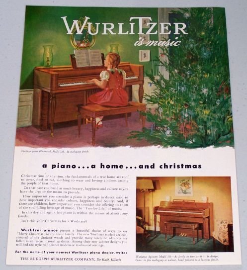 1947 Rudolph Wurlitzer Model 725 Piano Color Christmas Art Vintage Color Print Ad