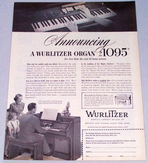 1949 Wurlitzer Organ Piano Musical Instument Vintage Print Ad
