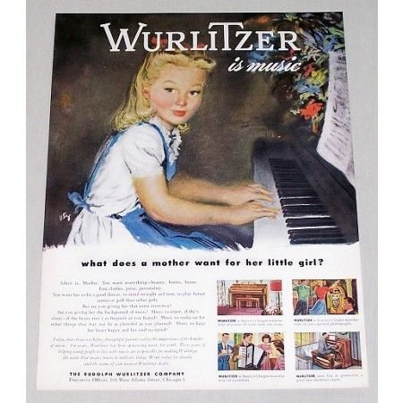 1946 Rudolph Wurlitzer Piano Girl Music Color Print Art Ad