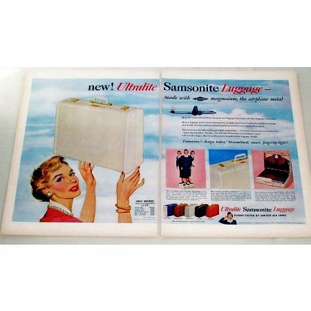 1955 Ultralite Samsonite Luggage 2 Page Color Print Ad