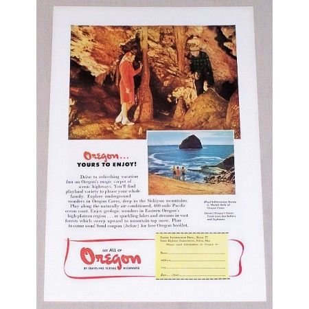 1947 Oregon Travel Marble Halls Caves Vacation Color Print Ad