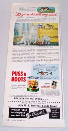 1957 Puss n' Boots Cat Food Color Print Ad