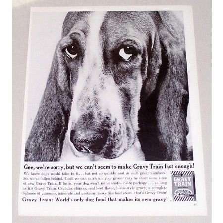 1960 Gaines Gravy Train Dog Food Basset Hound Vintage Print Ad