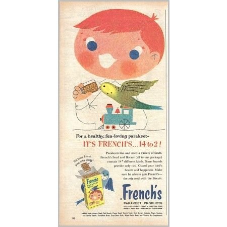 1959 French's Parakeet Bird Seed Color Print Art Ad