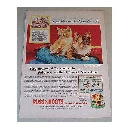 1955 Puss n Boots Cat Food Color Print Ad - She Called it