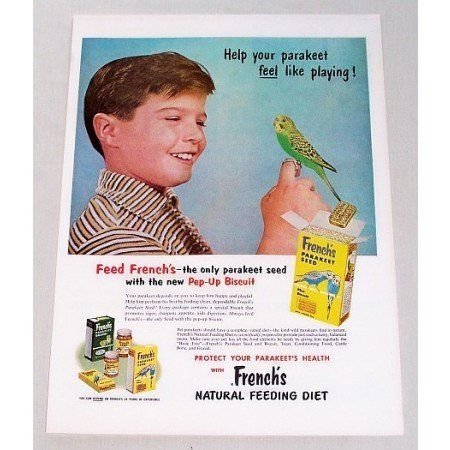 1956 French's Parakeet Bird Seed Color Vintage Print Ad