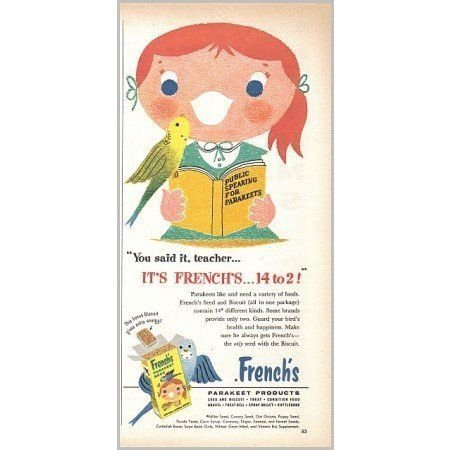 1959 French's Parakeet Bird Seed Vintage Color Print Art Ad