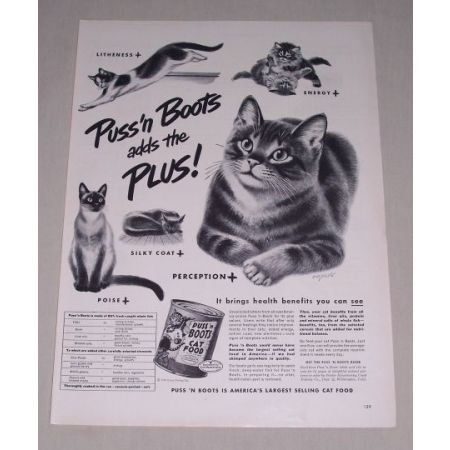 1949 Puss N' Boots Cat Food Vintage Print Art Ad - Adds The Plus!