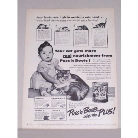 1950 Puss 'N Boots Cat Food Vintage Print Ad - Your Cats Get More