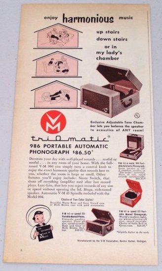 1953 Triomatic 986 Portable Automatic Phonograph Vintage Color Print Ad