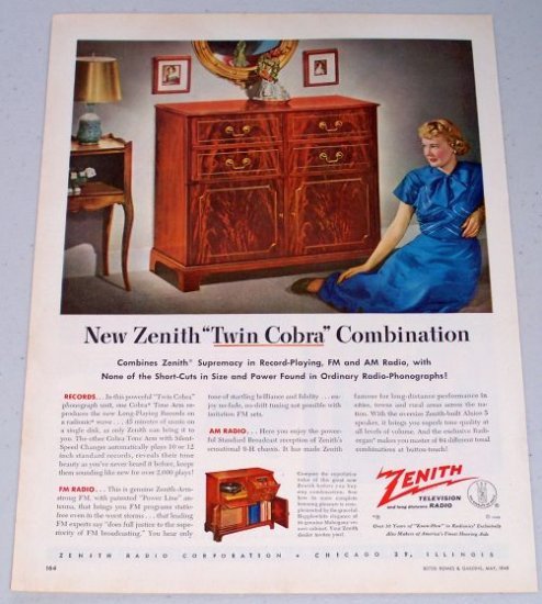 1949 Zenith Twin Cobra Combonation Radio Phonograph Unit Electronic Color Print Ad