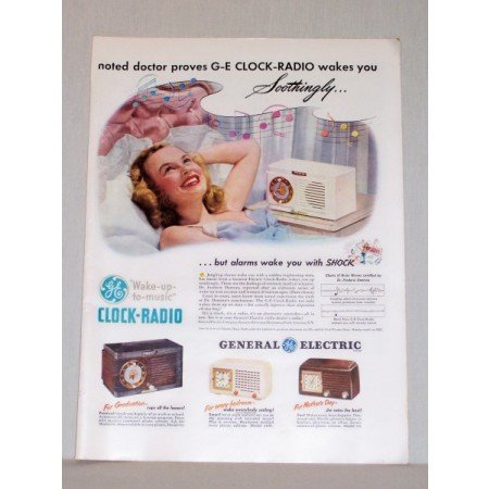 1948 General Electric Clock Radio Color Print Ad - Soothingly