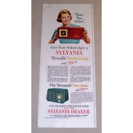 1954 Sylvania Reveille and Serenade Radio Clock Color Print Ad