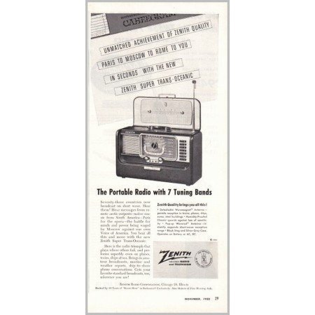 1952 Zenith Super Trans-Oceanic Short Wave Radio Vintage Print Ad