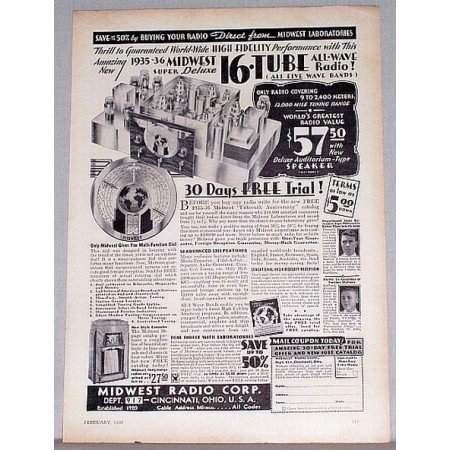 1935 Midwest Super Deluxe 16 Tube All Wave Radio Vintage Print Ad