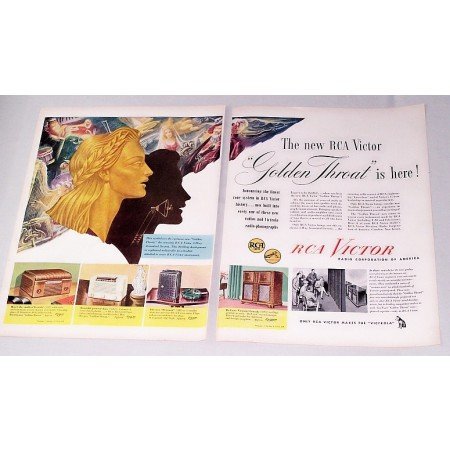 1946 RCA Victor Golden Throat Radios Color 2 Page Print Ad