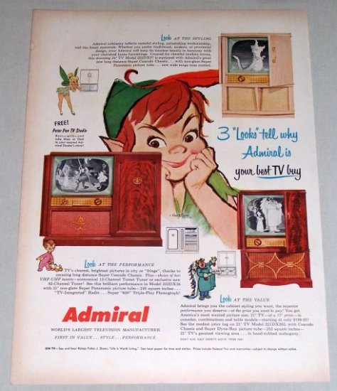 1953 Admiral Televisions Disney Peter Pan Tinkerbell Color Print Art Ad