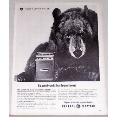 1962 General Electric Sportmate Speakers Black Bear Animal Vintage Print Ad