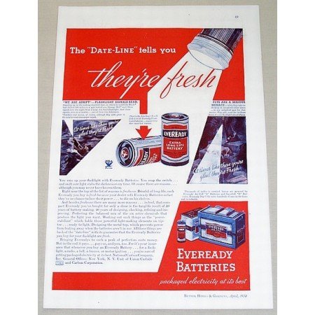 1934 Eveready Batteries Color Print Ad The Date-Line Tells You