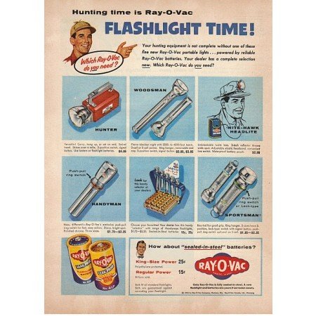 1955 Ray-O-Vac Batteries Color Print Ad - Flashlight Time