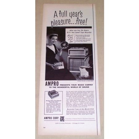 1956 AMPRO Hi-Fi Two Speed Tape Recorder Vintage Print Ad