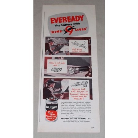 1949 Eveready Batteries Color Print Art Ad - Nine Lives