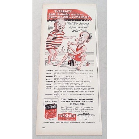 1948 Eveready Radio Battery Color Print Art Ad Celebrity Jimmy Durante Victor Moore
