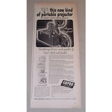 1948 Ampro Compact 16mm Portable Projector Vintage Print Ad