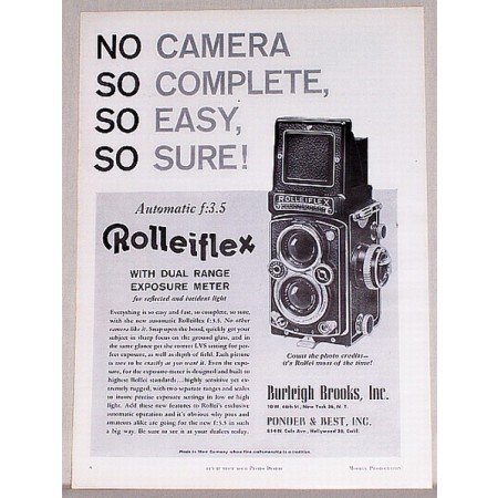 1957 Burlrigh Brooks Rolleiflex Automatic F:3.5 Camera Vintage Print Ad